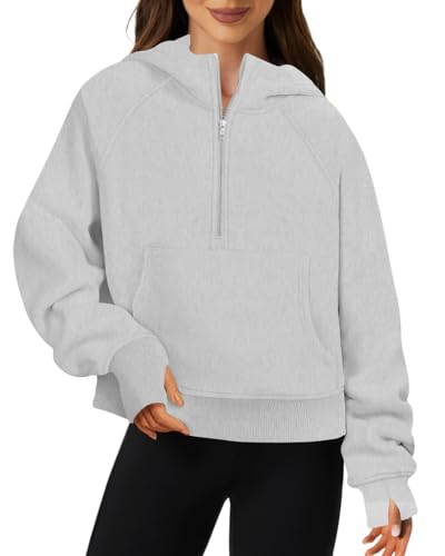 Friptspyg Hoodie Damen Kapuzenpullover aus Samt Langarm Winter Pullover mit Viertel-Reißverschluss und Große Tasche, Hellgrau M von Friptspyg