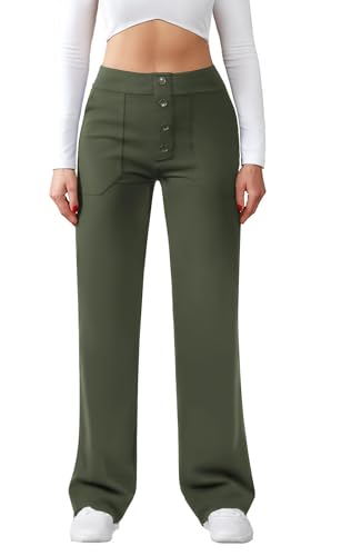 Friptspyg Hose Damen Hohe Taille Weite Hose Knopf Gerades Bein Hose Casual Arbeit Hose Stretch Yogahose mit Taschen, Armee Grün XL von Friptspyg