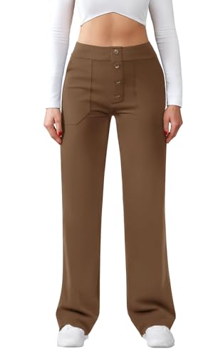 Friptspyg Hose Damen Hohe Taille Weite Hose Knopf Gerades Bein Hose Casual Arbeit Hose Stretch Yogahose mit Taschen, Braun L von Friptspyg