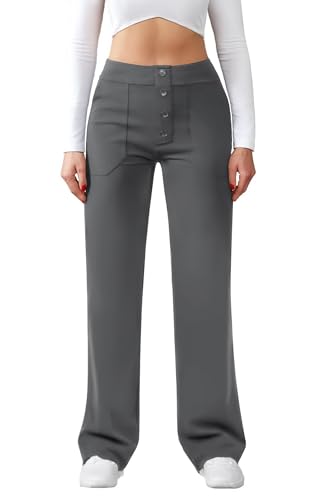 Friptspyg Hose Damen Hohe Taille Weite Hose Knopf Gerades Bein Hose Casual Arbeit Hose Stretch Yogahose mit Taschen, Dunkelgrau XS von Friptspyg