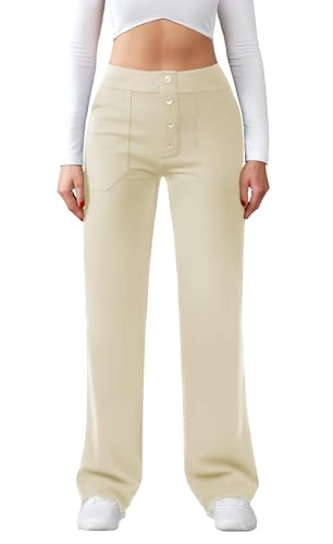 Friptspyg Hose Damen Hohe Taille Weite Hose Knopf Gerades Bein Hose Casual Arbeit Hose Stretch Yogahose mit Taschen, Khaki L von Friptspyg