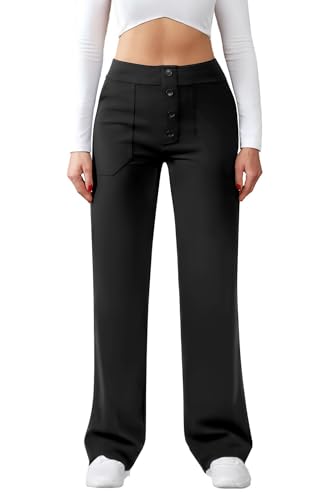 Friptspyg Hose Damen Hohe Taille Weite Hose Knopf Gerades Bein Hose Casual Arbeit Hose Stretch Yogahose mit Taschen, Schwarz M von Friptspyg