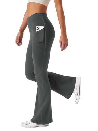 Friptspyg Hosen Damen mit Taschen Schlag Yogahose Hoher Taille Sporthose Elastische Freizeithose，Grau S von Friptspyg