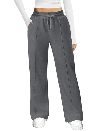 Friptspyg Jogginghose Damen Hosen Damen mit Elastischem Bund Weite Beine Freizeithose Traininghose mit Taschen，Dunkel Grau M von Friptspyg