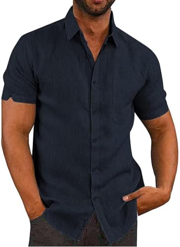 Friptspyg Herren Leinenhemd Kruzarm Hemd Button Down Regular Fit Freizeithemden für Herren Strandhemd Casual Sommerhemd mit Tasche, Navy Blau M von Friptspyg