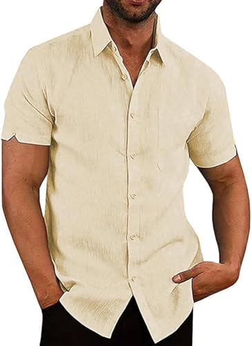Friptspyg Leinenhemd Herren Hemd Kruzarm Baumwolle Leinen Hemden Regular Fit Freizeithemden Sommer Kurzarmhemd Casual Strandhemd mit Tasche, Beige XL von Friptspyg