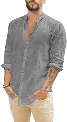 Friptspyg Leinenhemd Herren Hemd Langarm Baumwolle Leinen Hemden Button-Down Freizeithemden Casual Regular Fit Sommerhemd, Dunkelgrau 3XL von Friptspyg