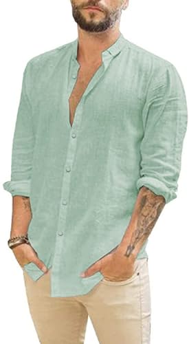 Friptspyg Leinenhemd Herren Hemd Langarm Baumwolle Leinen Hemden Button-Down Freizeithemden Casual Regular Fit Sommerhemd, Mintgrün 2XL von Friptspyg