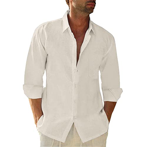 Friptspyg Leinenhemd Herren Langarm Baumwolle Leinen Hemd Herren Freizeithemden Casual Regular Fit Sommerhemd mit Tasche, Beige 2XL von Friptspyg
