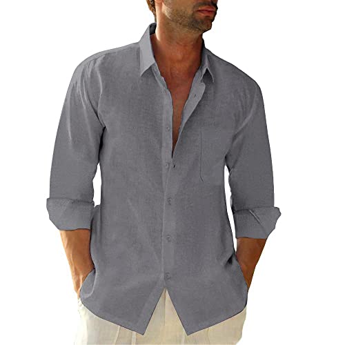 Friptspyg Leinenhemd Herren Langarm Baumwolle Leinen Hemd Herren Freizeithemden Casual Regular Fit Sommerhemd mit Tasche, Dunkelgrau M von Friptspyg
