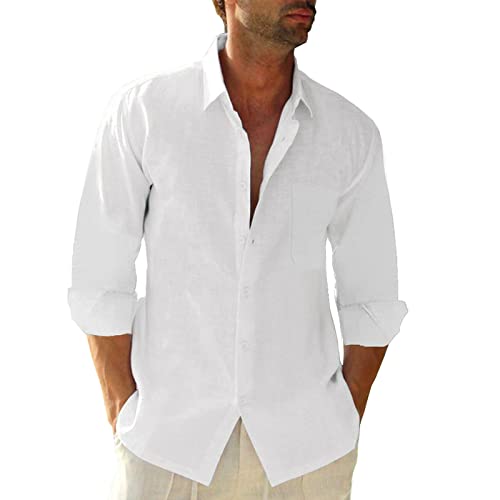 Friptspyg Leinenhemd Herren Langarm Baumwolle Leinen Hemd Herren Freizeithemden Casual Regular Fit Sommerhemd mit Tasche, Weiß 2XL von Friptspyg