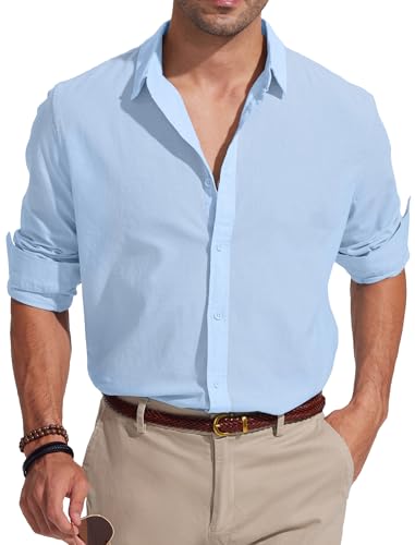 Friptspyg Leinenhemd Herren Langarm Baumwolle Leinen Hemden Sommerhemd Lässig Herren Hemd Strandhemd Regular Fit Freizeithemden, Himmelblau XL von Friptspyg