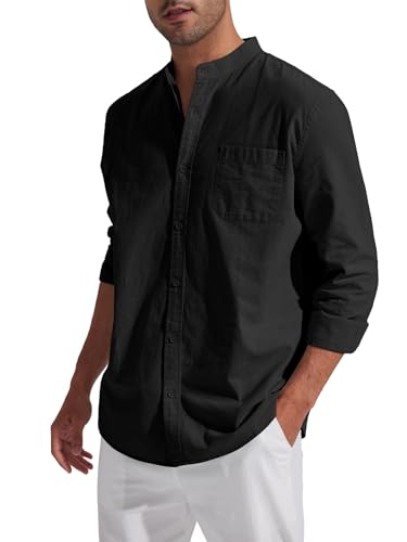 Friptspyg Leinenhemd Herren Langarm Regular Fit Baumwolle Leinen Hemden Stehkragen Freizeithemden Sommer Strand Hemd mit Tasche, Schwarz L Friptspyg Leinenhemd Herren Langarm Regular Fit Baumwolle Leinen Hemden Stehkragen Freizeithemden Sommer Strand Hemd mit Tasche, Schwarz L von Friptspyg