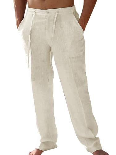 Friptspyg Leinenhose Herren Lang mit Taschen Einfarbiges Freizeithose Leicht Sommerhose Loose Fit Haushose mit Kordelzug Alltag, Beige M Friptspyg Leinenhose Herren Lang mit Taschen Einfarbiges Freizeithose Leicht Sommerhose Loose Fit Haushose mit Kordelzug Alltag, Beige M von Friptspyg