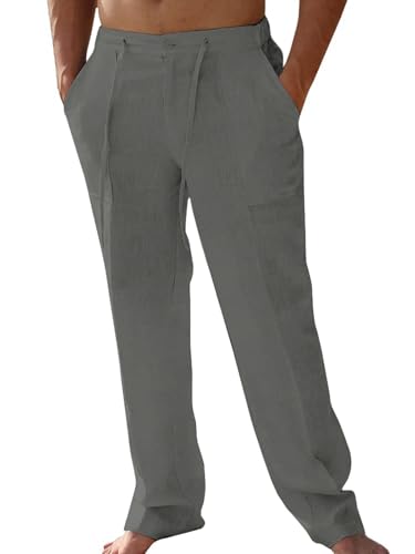 Friptspyg Leinenhose Herren Lang mit Taschen Einfarbiges Freizeithose Leicht Sommerhose Loose Fit Haushose mit Kordelzug Alltag, Grau L Friptspyg Leinenhose Herren Lang mit Taschen Einfarbiges Freizeithose Leicht Sommerhose Loose Fit Haushose mit Kordelzug Alltag, Grau L von Friptspyg