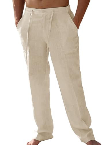 Friptspyg Leinenhose Herren Lang mit Taschen Einfarbiges Freizeithose Leicht Sommerhose Loose Fit Haushose mit Kordelzug Alltag, Khaki L Friptspyg Leinenhose Herren Lang mit Taschen Einfarbiges Freizeithose Leicht Sommerhose Loose Fit Haushose mit Kordelzug Alltag, Khaki L von Friptspyg