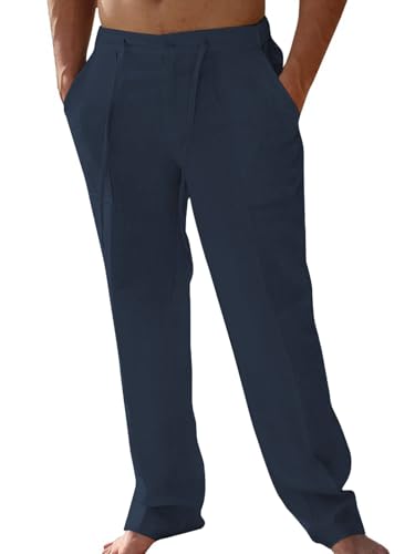 Friptspyg Leinenhose Herren Lang mit Taschen Einfarbiges Freizeithose Leicht Sommerhose Loose Fit Haushose mit Kordelzug Alltag, Marineblau XL Friptspyg Leinenhose Herren Lang mit Taschen Einfarbiges Freizeithose Leicht Sommerhose Loose Fit Haushose mit Kordelzug Alltag, Marineblau XL von Friptspyg
