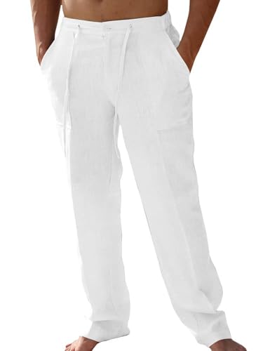 Friptspyg Leinenhose Herren Lang mit Taschen Einfarbiges Freizeithose Leicht Sommerhose Loose Fit Haushose mit Kordelzug Alltag, Weiß L Friptspyg Leinenhose Herren Lang mit Taschen Einfarbiges Freizeithose Leicht Sommerhose Loose Fit Haushose mit Kordelzug Alltag, Weiß L von Friptspyg