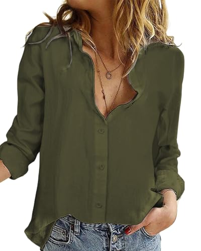 Friptspyg Musselin Bluse Damen 100% Baumwolle Langarm Lässig Hemd V-Schnitt Roll Up Ärmel Button Down Bluse Tops,Armeegrün S Friptspyg Musselin Bluse Damen 100% Baumwolle Langarm Lässig Hemd V-Schnitt Roll Up Ärmel Button Down Bluse Tops,Armeegrün S von Friptspyg