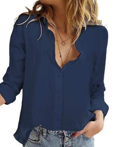 Friptspyg Musselin Bluse Damen 100% Baumwolle Langarm Lässig Hemd V-Schnitt Roll Up Ärmel Button Down Bluse Tops，Marineblau L von Friptspyg