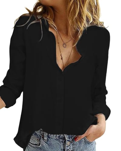 Friptspyg Musselin Bluse Damen 100% Baumwolle Langarm Lässig Hemd V-Schnitt Roll Up Ärmel Button Down Bluse Tops，Schwarz XXL von Friptspyg