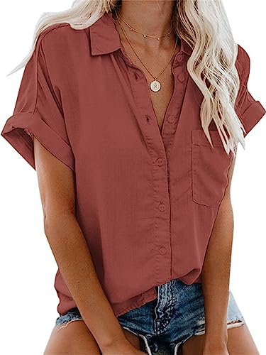 Friptspyg Musselin Bluse Damen Lässiges Kurzarm Hemdbluse Sommer V-Ausschnitt 100% Baumwolle Solide Blusenshirt Elegant Oberteile mit Tasche, Abschreckt XXL von Friptspyg