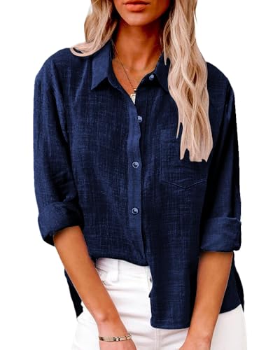 Friptspyg Bluse Damen Lässiges Langarm Hemdbluse Elegant Blusen & Tuniken für Damen V-Ausschnitt 100% Baumwolle Solide Sommer Oberteile mit Tasche, Marineblau S von Friptspyg