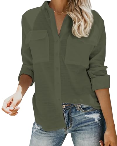 Friptspyg Blusen & Tuniken für Damen Langarm Hemden Damen V-Ausschnitt 100% Baumwolle Shirt Oberteile Tops mit Zwei Taschen,Armee Grün XXL von Friptspyg