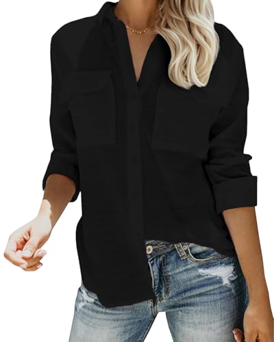 Friptspyg Blusen & Tuniken für Damen Langarm Hemden Damen V-Ausschnitt 100% Baumwolle Shirt Oberteile Tops mit Zwei Taschen,Schwarz M von Friptspyg