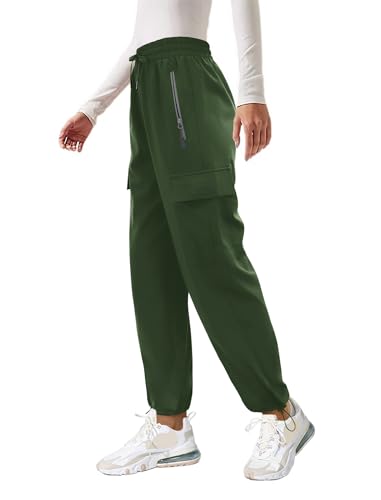 Friptspyg Outdoor Hosen Cargohose Damen Leichter Trekkinghose Wanderhose Schnelltrocken Wasserdicht Einstellgurt Sportlich Jogginghose mit Taschen,Armeegrün S von Friptspyg