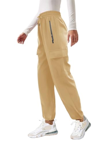Friptspyg Outdoor Hosen Cargohose Damen Leichter Trekkinghose Wanderhose Schnelltrocken Wasserdicht Einstellgurt Sportlich Jogginghose mit Taschen,Helles Khaki XXL von Friptspyg