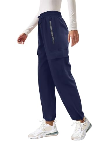 Friptspyg Outdoor Hosen Cargohose Damen Leichter Trekkinghose Wanderhose Schnelltrocken Wasserdicht Einstellgurt Sportlich Jogginghose mit Taschen,Marineblau XL von Friptspyg
