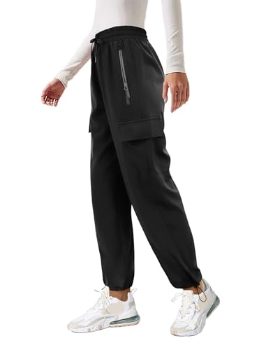 Friptspyg Outdoor Hosen Cargohose Damen Leichter Trekkinghose Wanderhose Schnelltrocken Wasserdicht Einstellgurt Sportlich Jogginghose mit Taschen,Schwarz L von Friptspyg