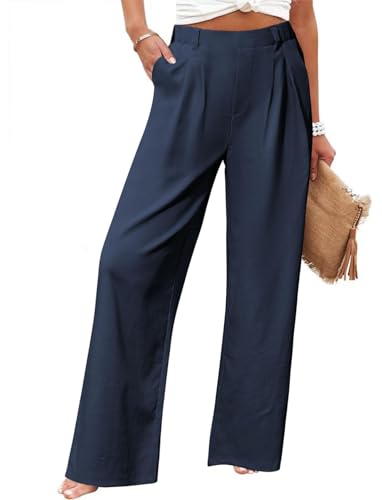 Friptspyg Palazzo Hose Freizeithose Damen Sommer Hohe Taille Palazzo Elastische Freizeithose mit Taschen,Dunkelblau L von Friptspyg