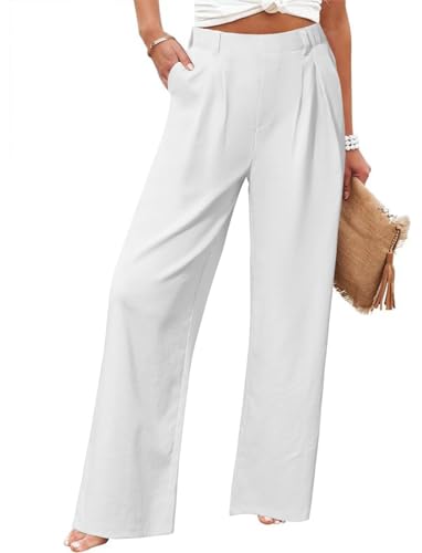 Friptspyg Palazzo Hose Freizeithose Damen Sommer Hohe Taille Palazzo Elastische Freizeithose mit Taschen,Weiß XXL von Friptspyg