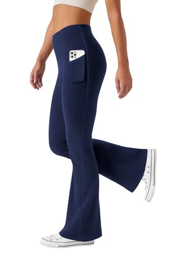 Friptspyg Hosen Damen mit Taschen Schlag Yogahose Hoher Taille Sporthose Elastische Freizeithose，Dunkel Blau S von Friptspyg