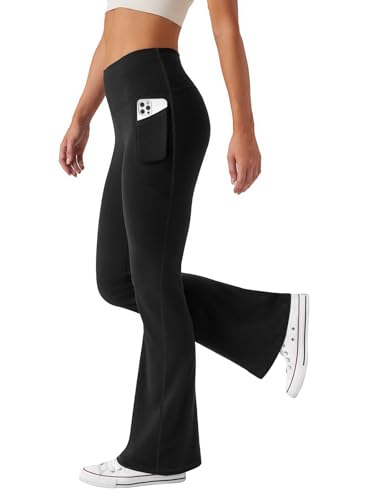 Friptspyg Hosen Damen mit Taschen Schlag Yogahose Hoher Taille Sporthose Elastische Freizeithose，Schwarz S von Friptspyg