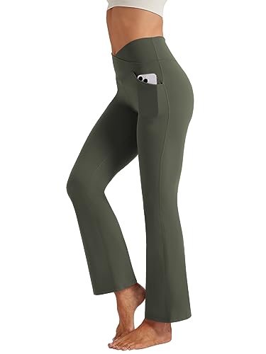 Friptspyg Hose Damen Flared Leggings V High Waist Schlaghose Elegant Jogginghose Stretch Yogahose mit Taschen Sporthose, Armee Grün 2XL von Friptspyg