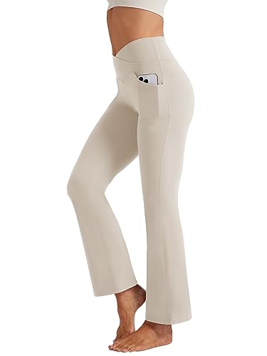 Friptspyg Hose Damen Flared Leggings V High Waist Schlaghose Elegant Jogginghose Stretch Yogahose mit Taschen Sporthose, Khaki 2XL von Friptspyg