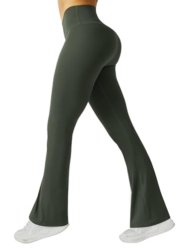 Friptspyg Damen Hose mit Taschen High Waist Yogahose Causal Jogginghose Elastische Sporthose Outfit Weite Bootcut Flared Leggings, Armee Grün M von Friptspyg