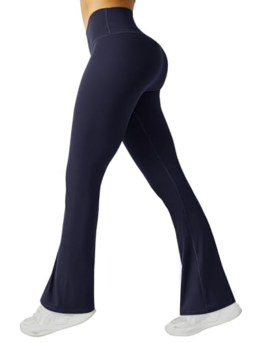 Friptspyg Damen Hose mit Taschen High Waist Yogahose Causal Jogginghose Elastische Sporthose Outfit Weite Bootcut Flared Leggings, Marineblau L von Friptspyg