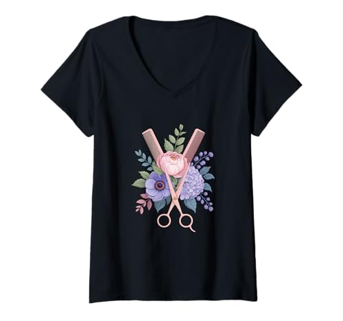 Damen Friseur Schere Kamm Blume Barber T-Shirt mit V-Ausschnitt von Friseur Schere Kamm Barbier Salon