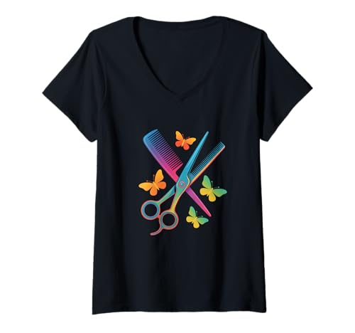 Damen Friseur Schere Kamm Schmetterlinge Barber T-Shirt mit V-Ausschnitt von Friseur Schere Kamm Barbier Salon