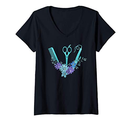 Damen Haarstylist Salon Haare Schneiden Geschenk Blumen Friseur T-Shirt mit V-Ausschnitt Damen Haarstylist Salon Haare Schneiden Geschenk Blumen Friseur T-Shirt mit V-Ausschnitt von Friseur T-Shirts