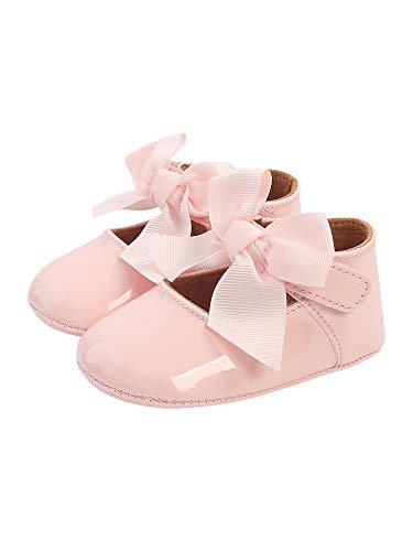 Baby Girl Taufe Schuhe, weiche Sohle Prinzessin Kleid Mary Jane Flats mit niedlichen Band Schleife rutschfeste Kinderbett Schuhe (Rosa, 12-18 Monate) von Frobukio