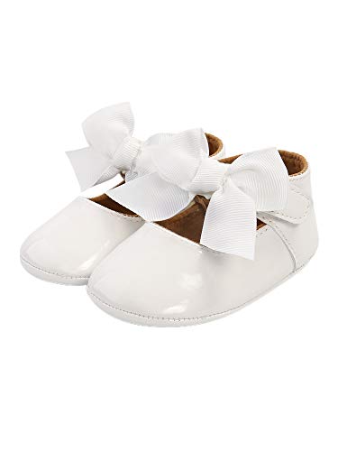 Baby Girl Taufe Schuhe, weiche Sohle Prinzessin Kleid Mary Jane Flats mit niedlichen Band Schleife rutschfeste Kinderbett Schuhe (Weiß, 0-6 Monate) von Frobukio