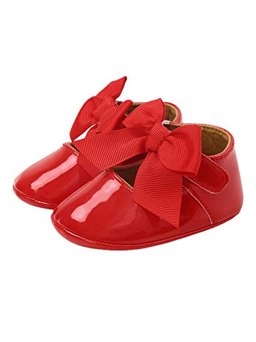 Baby Girl Taufe Schuhe, weiche Sohle Prinzessin Kleid Mary Jane Flats mit niedlichen Band Schleife rutschfeste Kinderbett Schuhe (rot, 6-12 Monate) von Frobukio