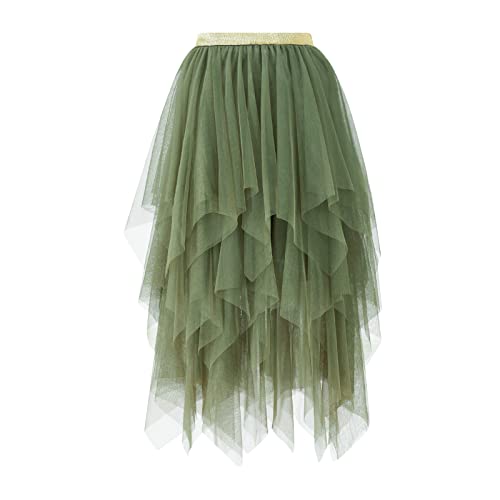 Damen Mesh Midi Röcke Floral Stickerei Elastisch Hohe Taille Tutu Tüll Rock Flowy Geschichtet A-Linie Faltenrock (Irregular Green, L) von Frobukio