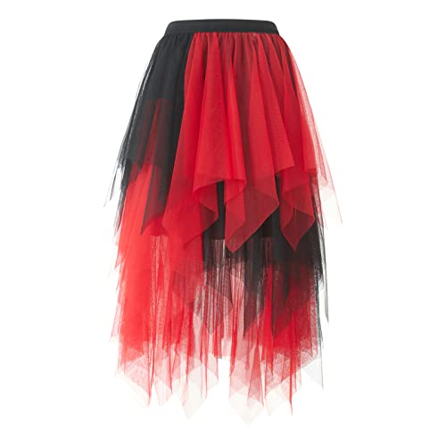 Damen Mesh Midi Röcke Floral Stickerei Elastisch Hohe Taille Tutu Tüll Rock Flowy Geschichtet A-Linie Faltenrock (Irregular Red Black, XL) von Frobukio