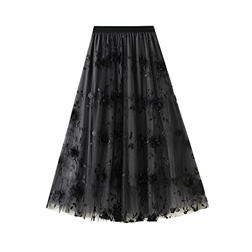 Damen Mesh Midi Röcke Floral Stickerei Elastisch Hohe Taille Tutu Tüll Rock Flowy Geschichtet A-Linie Faltenrock (Mesh Floral Black, One Size) von Frobukio